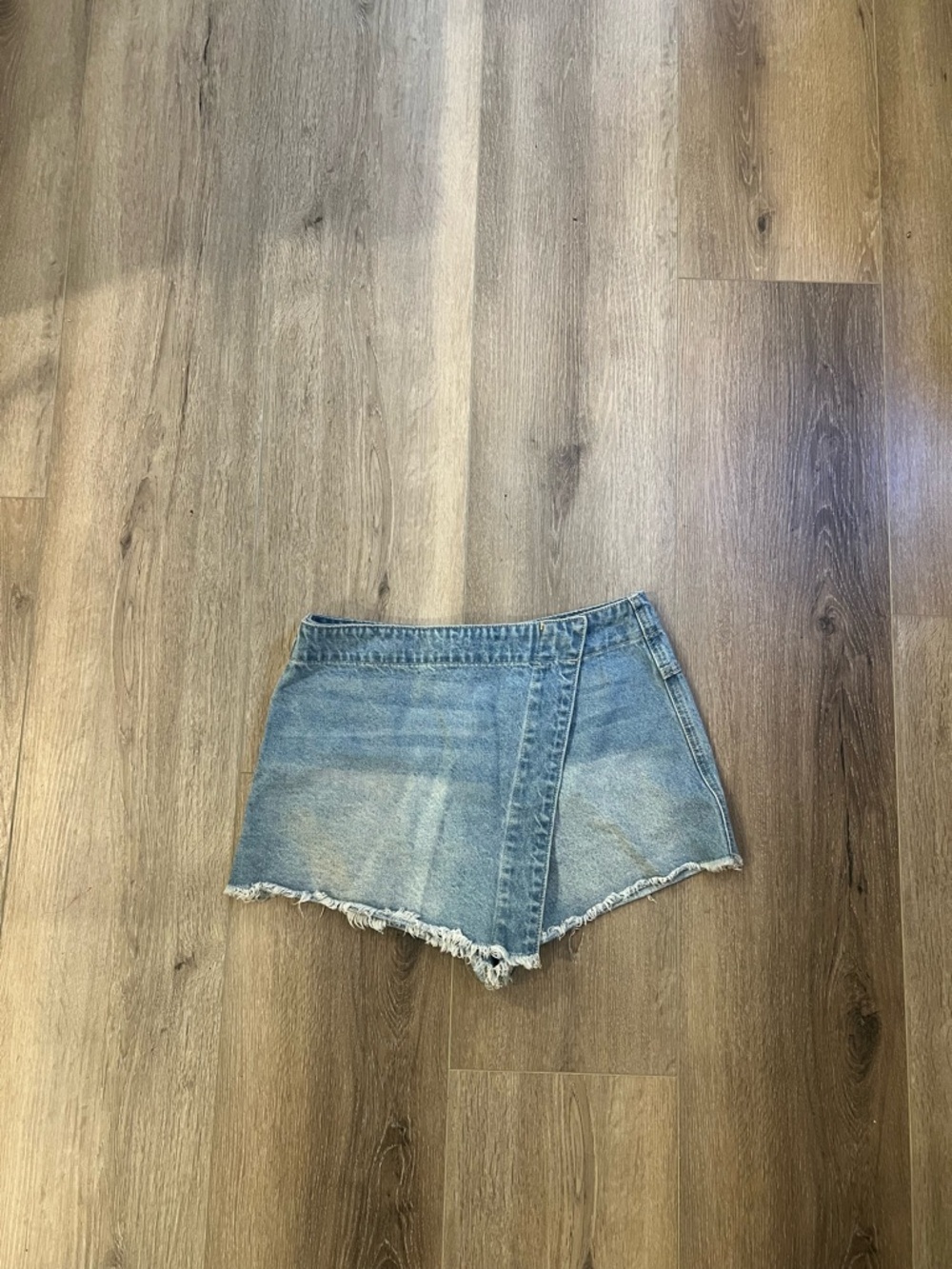 Denim Wrap-Front Frayed Hem Shorts - Light Blue